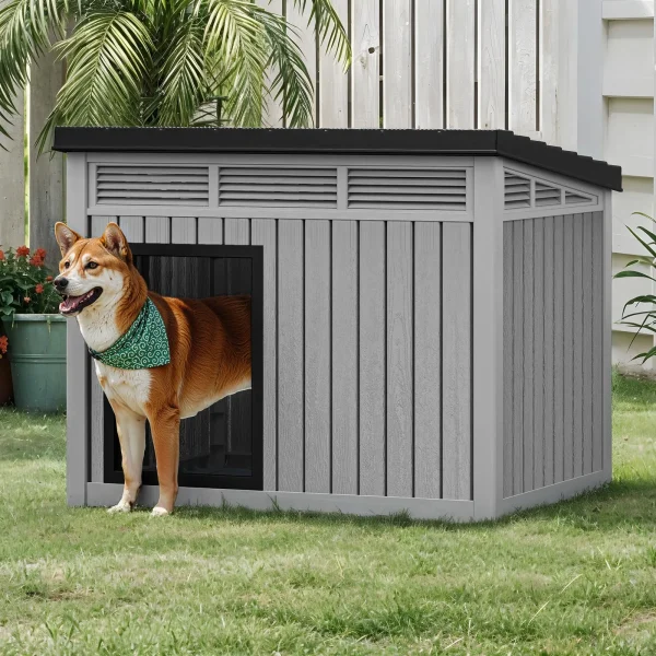 Gray Plastic Dog House with Liftable Roof Outdoor/Indoor Dog Kennel w/ Air Vents