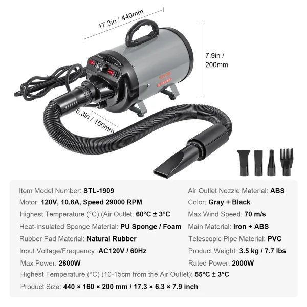 SucceBuy 2000W/2.7HP Dog Blow Dryer Adjustable Speed Temperature Control